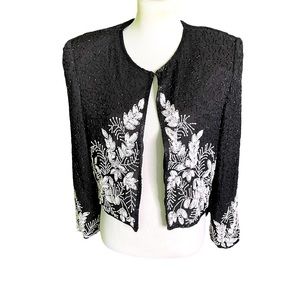 Laurence Kazar beaded sequin cropped evening jacket black and white size XL